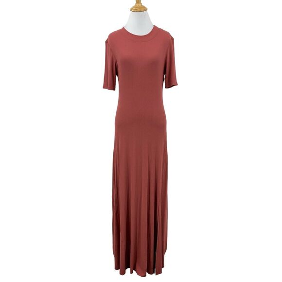 All Row Dress Womens M Medium Dusty Rose Ribbed Slit Short Sleeve Stretch Maxi - Picture 1 of 15